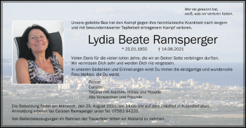 Anzeige von Lydia Beate Ramsperger von Schwäbische Zeitung