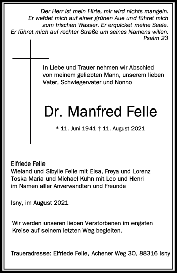 Anzeige von Manfred Felle von Schwäbische Zeitung