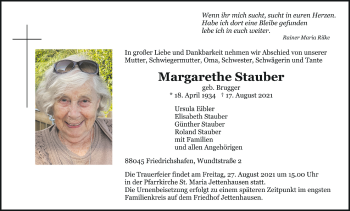 Anzeige von Margarethe Stauber von Schwäbische Zeitung