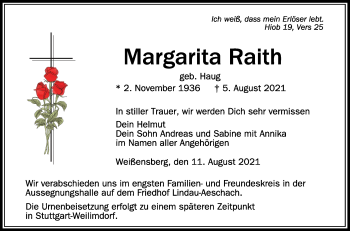 Anzeige von Margarita Raith von Schwäbische Zeitung