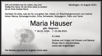 Anzeige von Maria Hauser von Schwäbische Zeitung