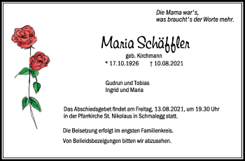 Anzeige von Maria Schäffler von Schwäbische Zeitung
