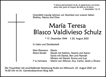 Anzeige von Maria Teresa Blasco Valdivieso Schulz von Schwäbische Zeitung