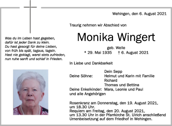 Anzeige von Monika Wingert von Schwäbische Zeitung
