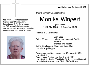 Traueranzeigen Von Monika Wingert Schwaebische De Trauerportal