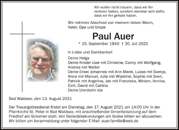 Anzeige von Paul Auer von Schwäbische Zeitung