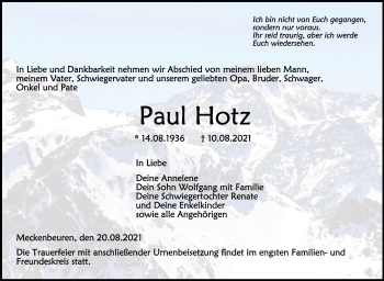 Anzeige von Paul Hotz von Schwäbische Zeitung