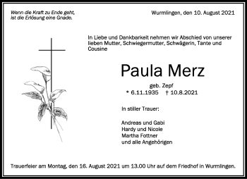 Anzeige von Paula Merz von Schwäbische Zeitung