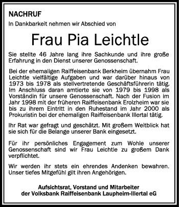 Anzeige von Pia Leichtle von Schwäbische Zeitung