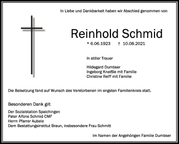 Anzeige von Reinhold Schmid von Schwäbische Zeitung