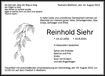 Anzeige von Reinhold Siehr von Schwäbische Zeitung