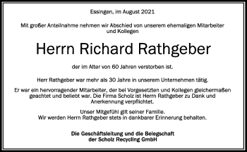 Anzeige von Richard Rathgeber von Schwäbische Zeitung