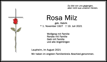 Anzeige von Rosa Milz von Schwäbische Zeitung