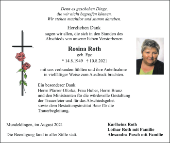 Anzeige von Rosina Roth von Schwäbische Zeitung