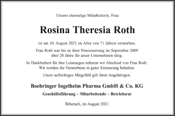 Anzeige von Rosina Theresia Roth von Schwäbische Zeitung