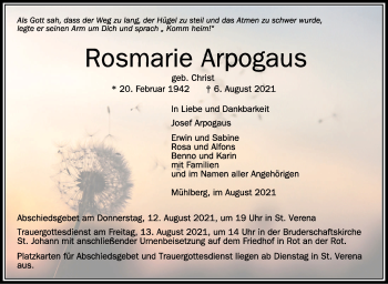 Anzeige von Rosmarie Arpogaus von Schwäbische Zeitung