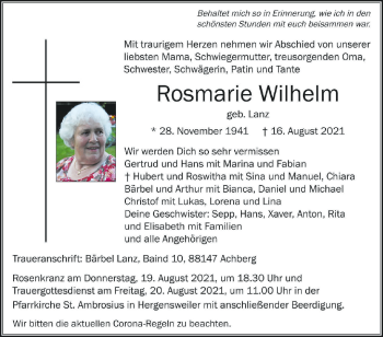 Anzeige von Rosmarie Wilhelm von Schwäbische Zeitung