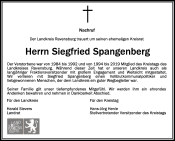Anzeige von Siegfried Spangenberg von Schwäbische Zeitung
