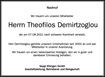 Anzeige von Theofilos Demirtzoglou von Schwäbische Zeitung
