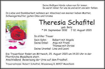 Anzeige von Theresia Schafitel von Schwäbische Zeitung