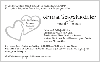 Anzeige von Ursula Schreitmüller von Schwäbische Zeitung