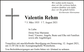 Anzeige von Valentin Rehm von Schwäbische Zeitung