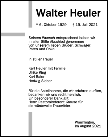 Anzeige von Walter Heuler von Schwäbische Zeitung