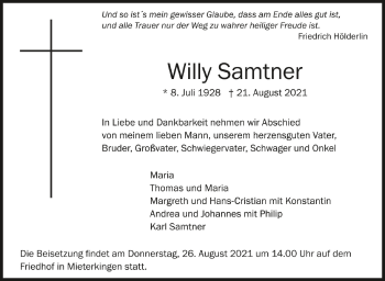 Anzeige von Willy Samtner von Schwäbische Zeitung