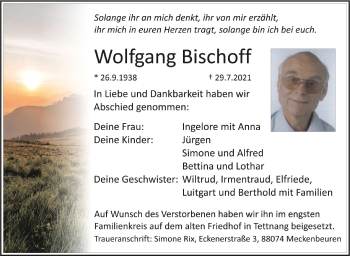 Anzeige von Wolfgang Bischoff von Schwäbische Zeitung