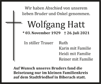 Anzeige von Wolfgang Hatt von Schwäbische Zeitung
