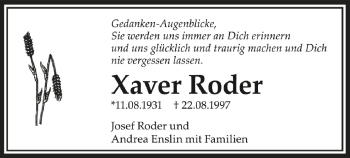 Anzeige von Xaver Roder von Schwäbische Zeitung