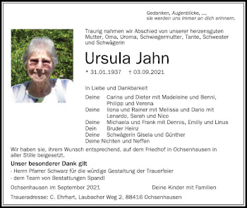 Traueranzeigen Von Ursula Jahn Schwaebische De Trauerportal