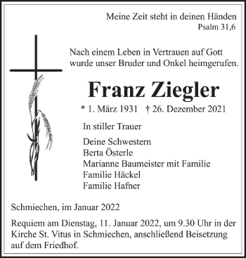 Traueranzeigen Von Franz Ziegler Schwaebische De Trauerportal