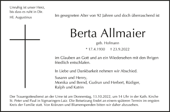 Traueranzeigen Von Berta Allmaier Schwaebische De Trauerportal