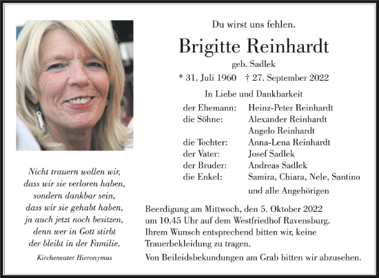 Traueranzeigen Von Brigitte Reinhardt Schwaebische De Trauerportal