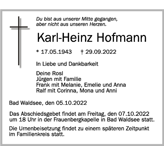 Traueranzeigen Von Karl Heinz Hofmann Schwaebische De Trauerportal