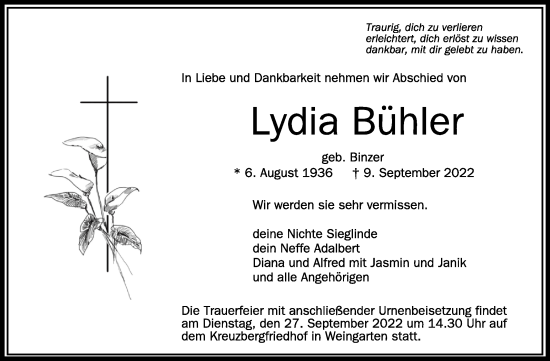 Traueranzeigen Von Lydia B Hler Schwaebische De Trauerportal