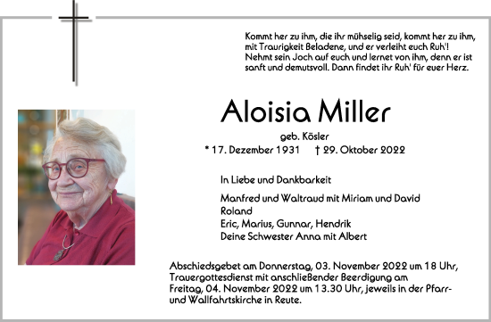 Traueranzeigen Von Aloisia Miller Schwaebische De Trauerportal