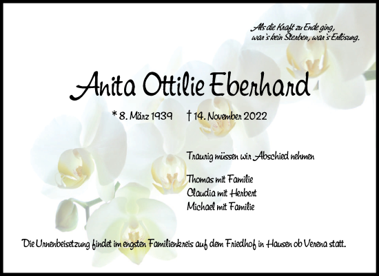 Traueranzeigen Von Anita Ottilie Eberhard Schwaebische De Trauerportal