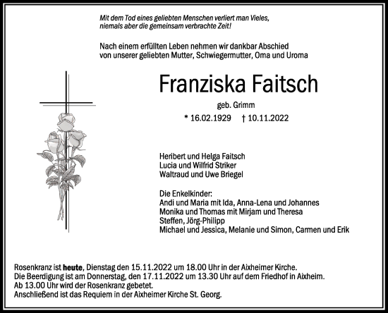 Traueranzeigen Von Franziska Faitsch Schwaebische De Trauerportal