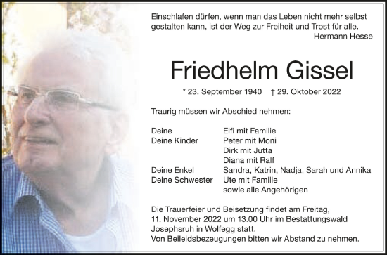 Traueranzeigen Von Friedhelm Gissel Schwaebische De Trauerportal