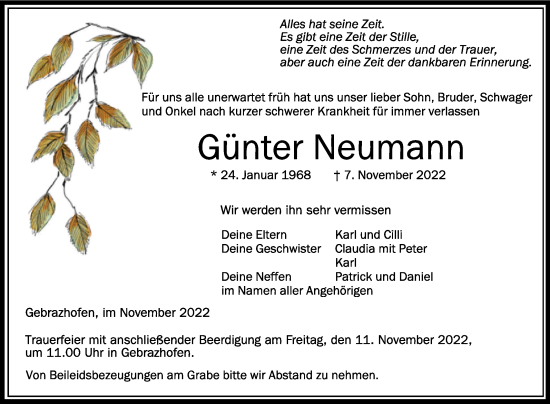 Traueranzeigen von Günter Neumann schwaebische de Trauerportal