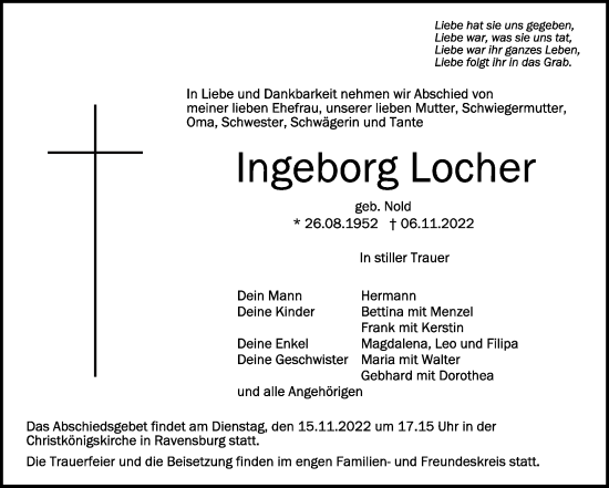 Traueranzeigen Von Ingeborg Locher Schwaebische De Trauerportal