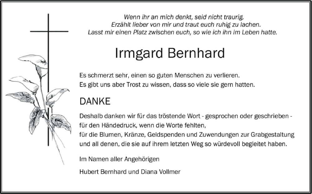 Traueranzeigen Von Irmgard Bernhard Schwaebische De Trauerportal