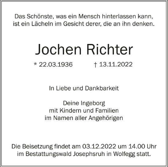 Traueranzeigen Von Jochen Richter Schwaebische De Trauerportal