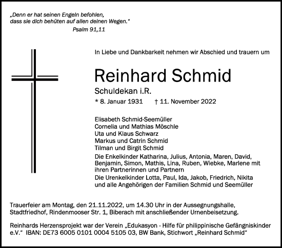 Traueranzeigen Von Reinhard Schmid Schwaebische De Trauerportal