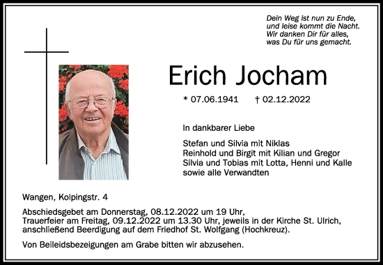 Traueranzeigen Von Erich Jocham Schwaebische De Trauerportal