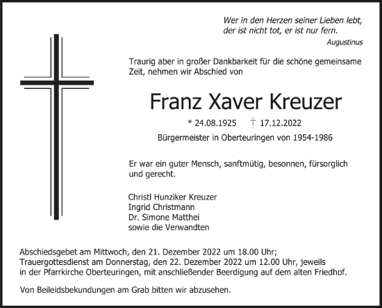 Traueranzeigen Von Franz Xaver Kreuzer Schwaebische De Trauerportal