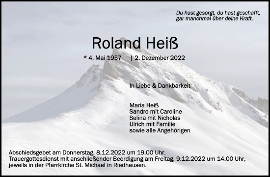 Traueranzeigen von Roland Heiß schwaebische de Trauerportal