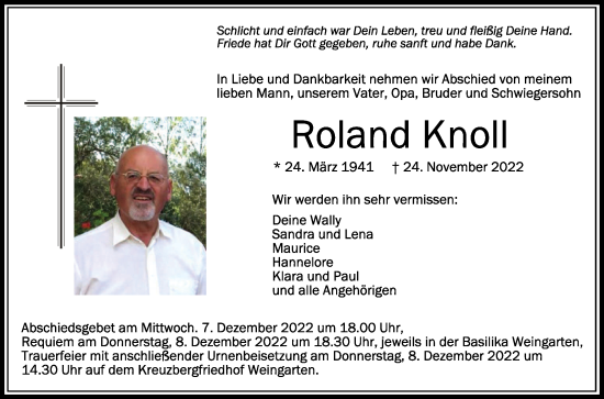 Traueranzeigen Von Roland Knoll Schwaebische De Trauerportal